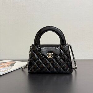 CHANEL Black Patent Quilted Mini Top-Handle Bag with Chain